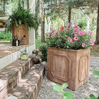 Wooden Planter Set Ring Handles Weathered Slats Industrial Accent