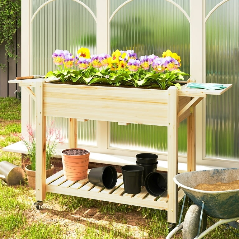 Wooden Raised Garden Bed with Shelf, Lockable Wheels, and Side Tables