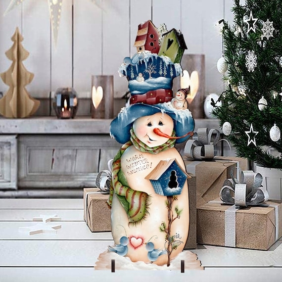 Wooden Snowman Garden Statue, Blue and White holding Sign