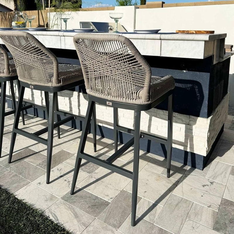 Woven Back Bar Stool Set with Sleek Metal Frame for Patio