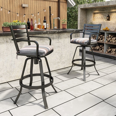 Woven Back Swivel Patio Bar Stool with Armrests and Cushions