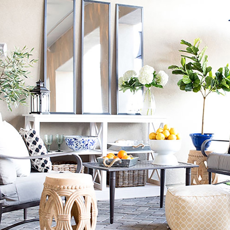 Woven Outdoor Sectional with Tabletop Fire Pit & Curtains