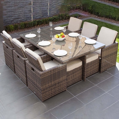 Woven Resin Wicker Patio Dining Set with Blue Grey Cushions for Ten