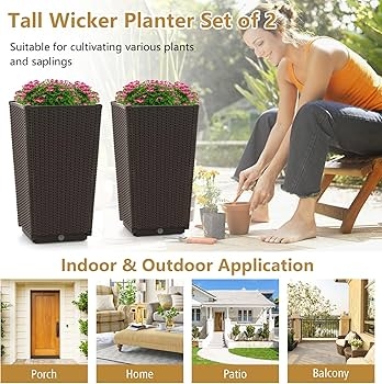Woven Tapered Planters with Rattan-Like Texture and White Rim