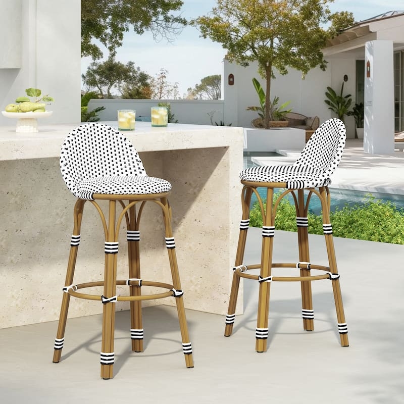 Woven Wicker Bar Stools Set of 4 Black and White Wood-Toned Legs