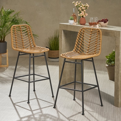 Woven Wicker Outdoor Bar Stool High Back Bronze Toned Metal Frame