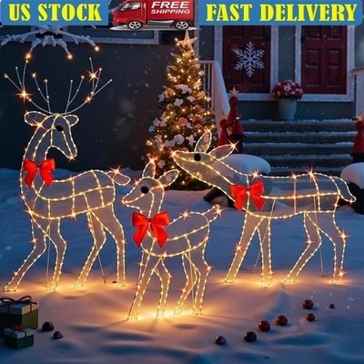 Woven Wire Mesh Reindeer Display, LED Family Set Lawn Decor.