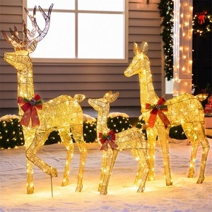 Yard Art Figurines Woven Texture Bow Accent Lighted Deer Set