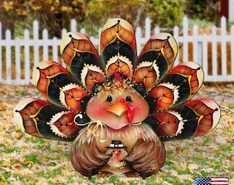Yard Decor Handcrafted Wooden Colorful Fan Tail Folk Art Turkey