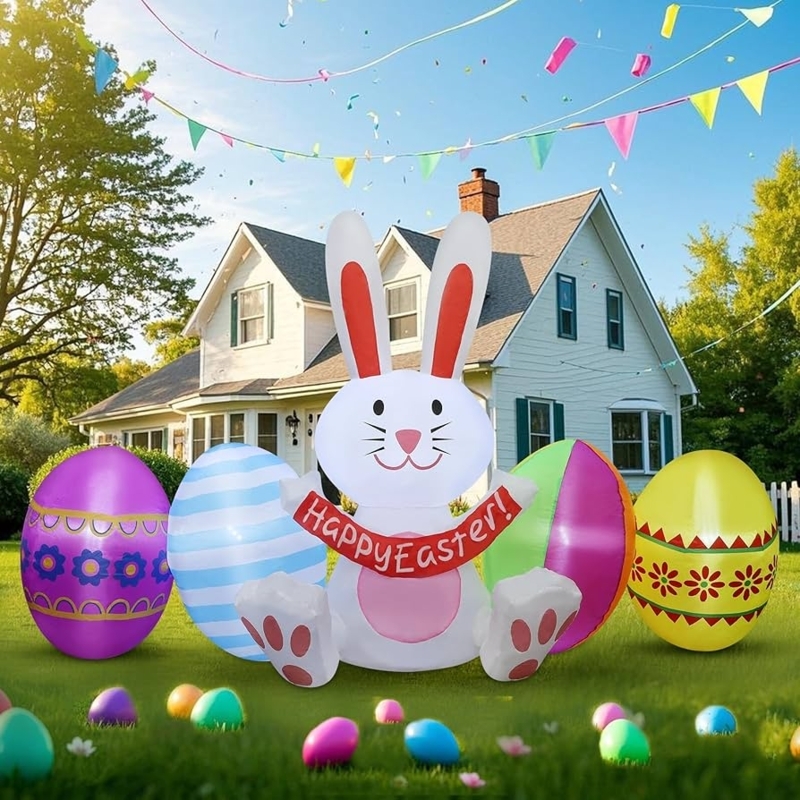 Yard Inflatable 7 Ft Long Bunny with Eggs, Horizontal Layout Garden Decor