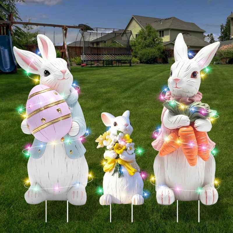 Yard Signs Set of 3, LED Lighting, Oversized Silhouette Bunny Shape