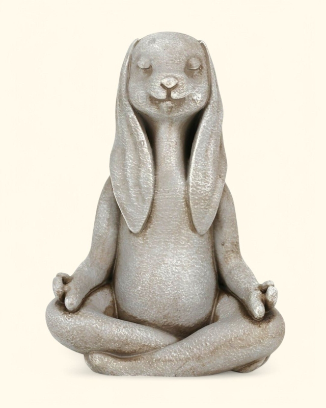 Zen Garden Statue Meditating Bunny Pitted Grey Stone Finish