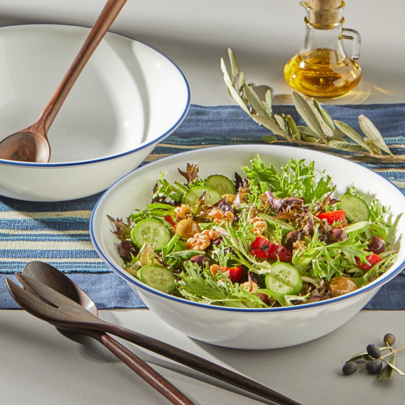 2-Quart Serving Bowls with Blue Banded Rim and White Finish