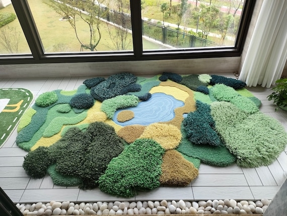 3D Tufted Area Rug, Forest Green Moss Texture, Organic Shape, High Pile