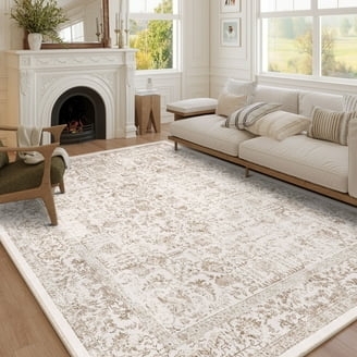 7'10" x 10'3" Feet Beige Ivory Vintage Abstract Contemporary Glam Silky Area  Rug -