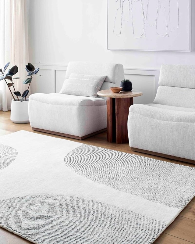 Abstract Area Rug with Painterly Distressed Motif. Wool Toned.