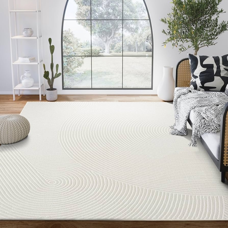 Abstract Curvilinear Area Rug High-Low Pile Cream Zen
