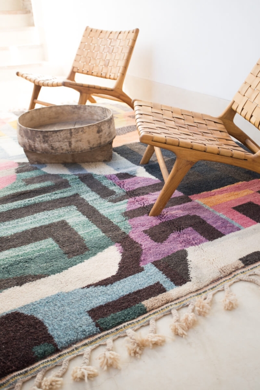 Abstract Geometric Area Rug Wool Plaid Grid Multicolored Shag