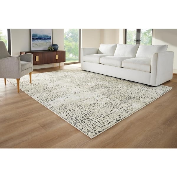 Abstract Marble Area Rug Grey Cream Veining Low Pile