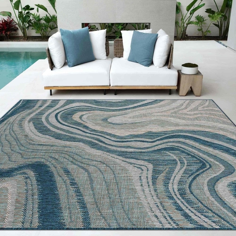 Abstract Ocean Outdoor Area Rug Blue Gray Water Resistant