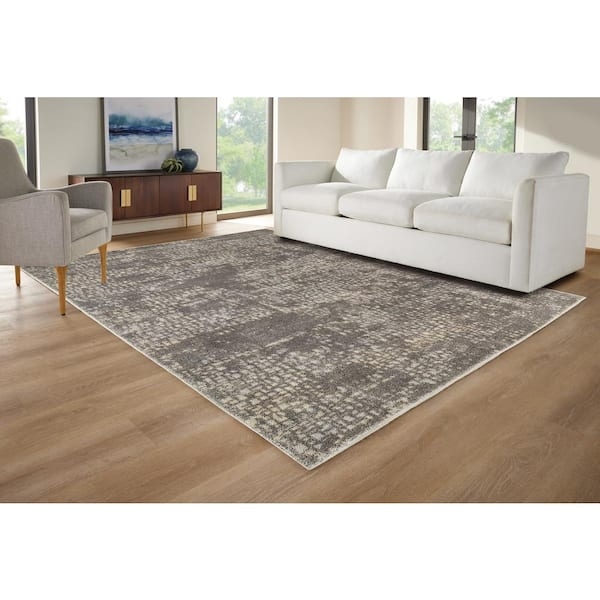 Abstract Painterly Area Rug Cream Grey Low Pile Modern