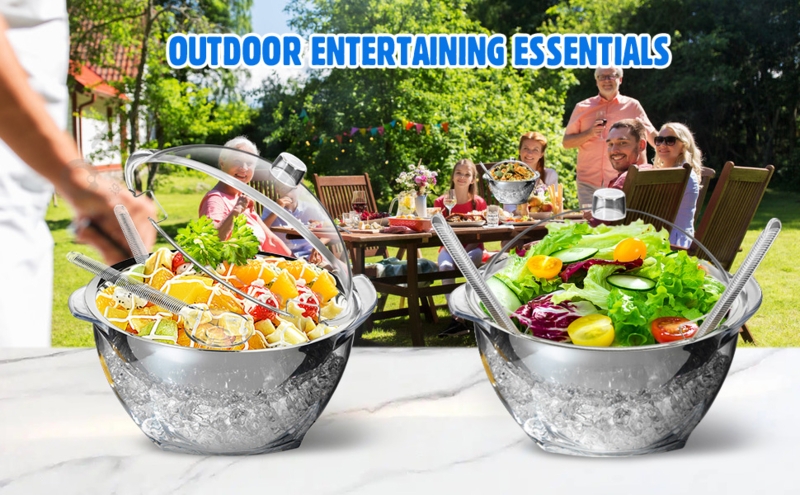 Acrylic Serving Bowl with Ice Chiller Base for Outdoor Entertaining