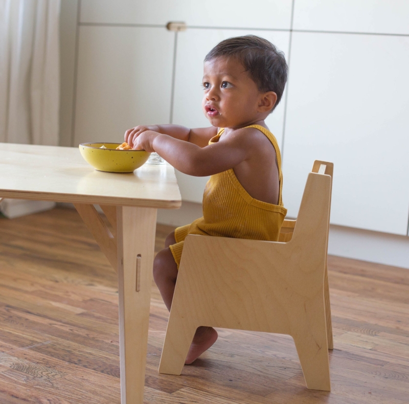 Adjustable Kids Table and Chair Set with Slatted Backs in Natural Wood