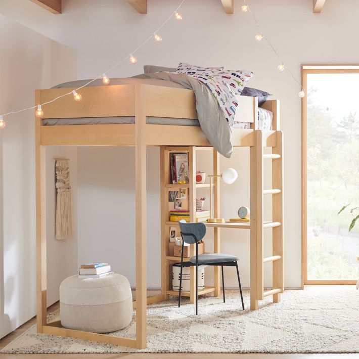 Airy Loft Bed Frame with Built-in Desk and Open Shelving