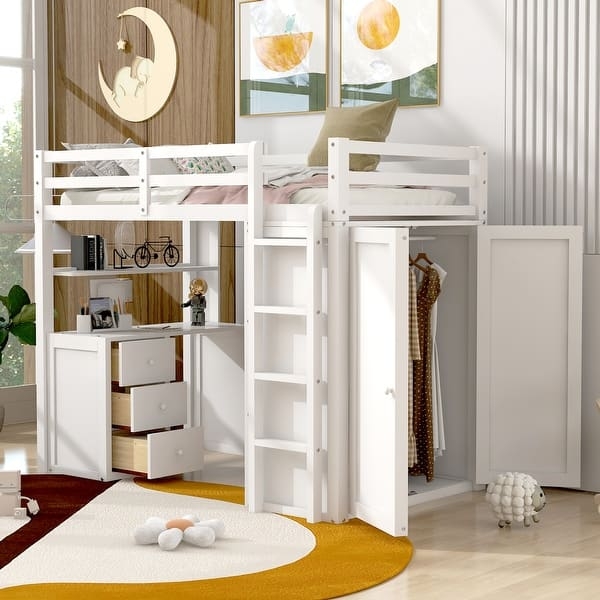 All-in-One Loft Bed with Wardrobe, Desk, and Storage Stairs