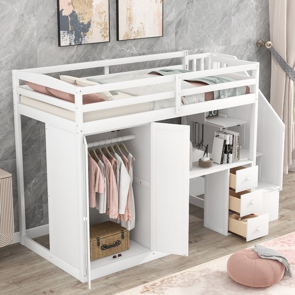 All-in-One Twin Loft Bed with Wardrobe Cabinet, Desk, and Staircase.
