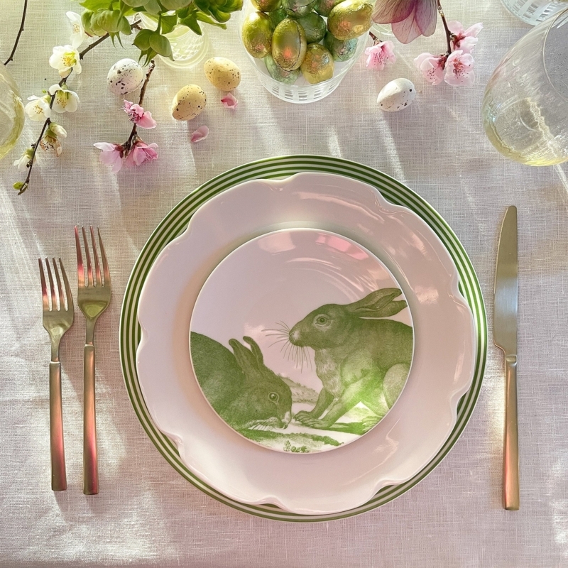 Appetizer Plate with Bunny Illustration and Green Pinstripes