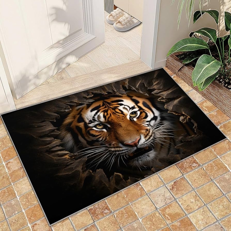 Area Rug 3D Tiger Pattern Photorealistic Wildlife Print Orange