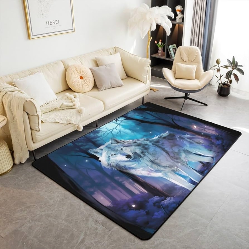 Area Rug 3D Wolf Motif Celestial Landscape Design Galaxy Theme