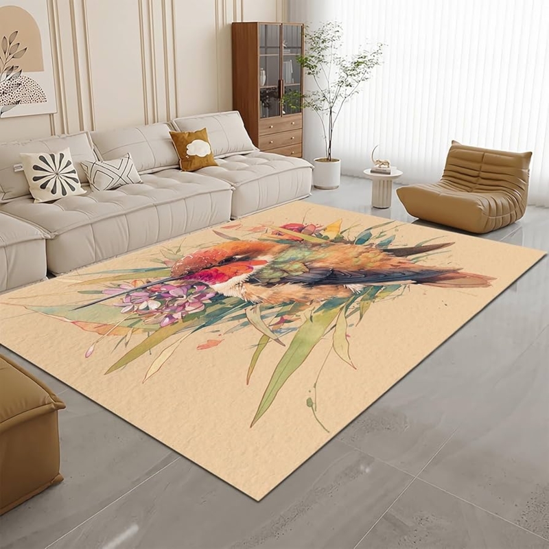 Area Rug Abstract Bird Silhouettes Leaf Motifs Autumnal Palette