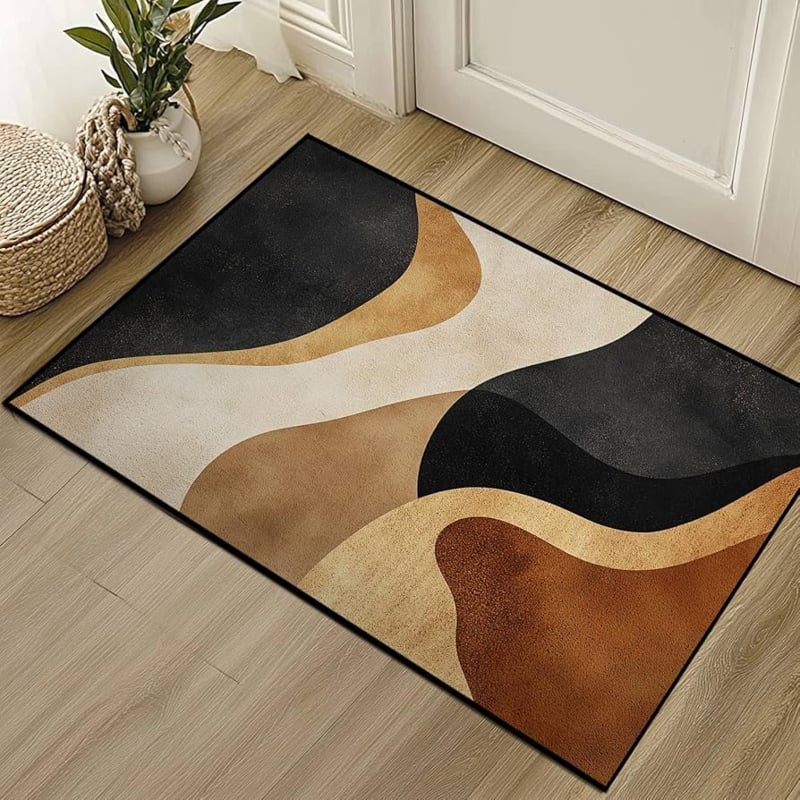 Area Rug Abstract Block Pattern Organic Shapes Chocolate Brown Black Matte