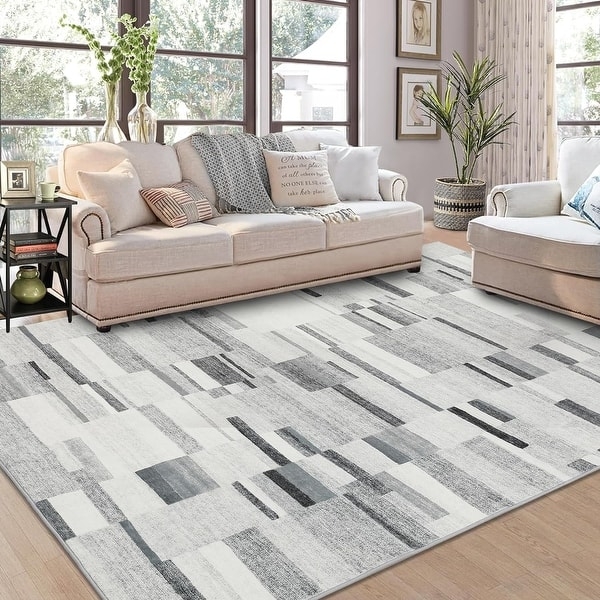 Area Rug Abstract Checkered Pattern Brown Cream Flat Pile Modern