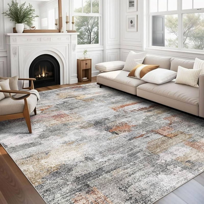 Area Rug Abstract Color Blocking Contemporary Gray Rust Accents Large Scale