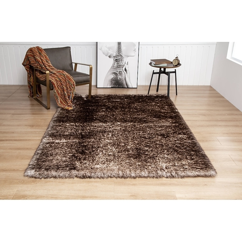 Area Rug Abstract Diamond Pattern Shag Brown White Polyester Bohemian
