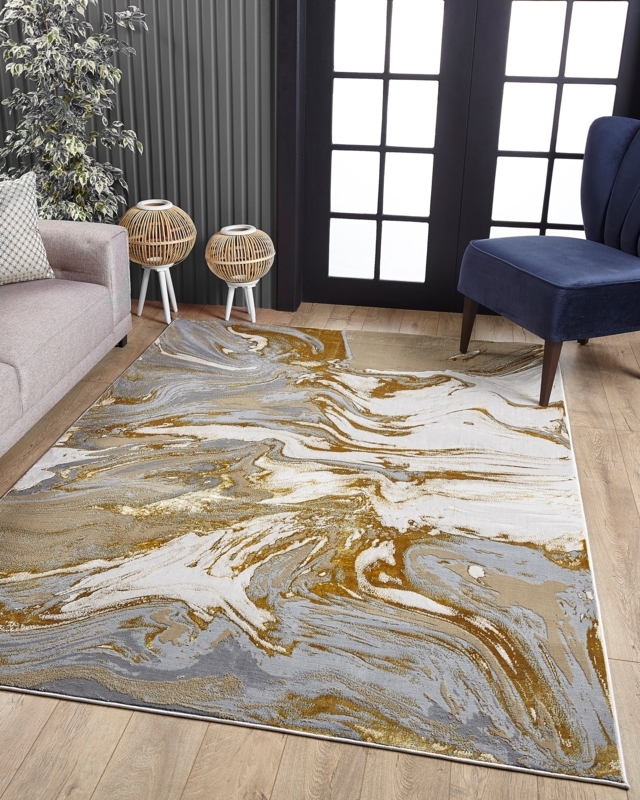 Area Rug Abstract Distressed Pattern Blue Ivory Cool Toned Palette