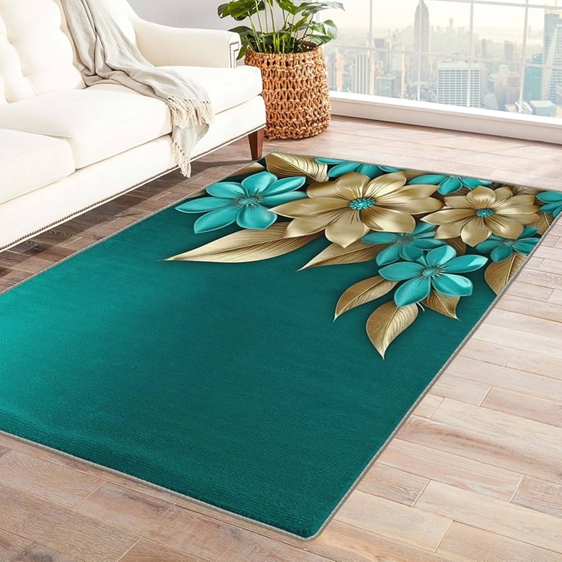 Area Rug Abstract Floral Metallic Gold Accents Contemporary Glam Decor