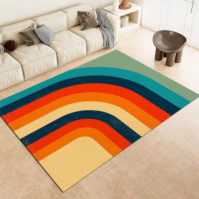 Area Rug Abstract Geometric Rainbow Motif Low Pile Modern Bohemian