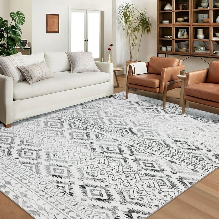 Area Rug Abstract Geometric Washable Neutral Palette Minimalist Gray.