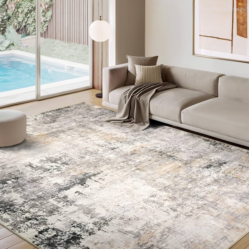 Area Rug Abstract Marble Pattern Charcoal Grey, Washable Design