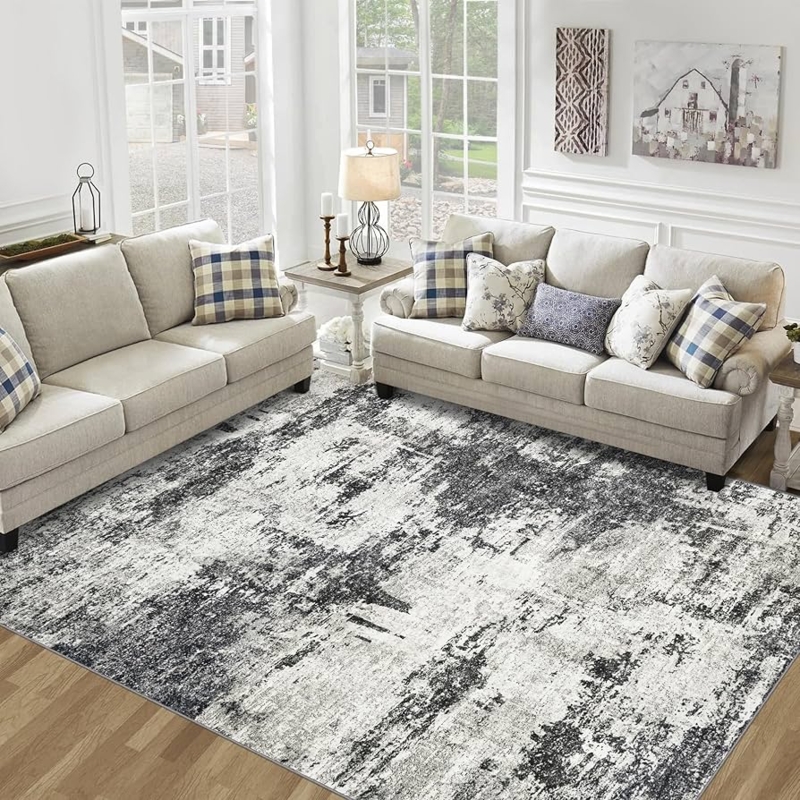 Area Rug Abstract Marble Pattern Monochromatic Grey Contemporary Living Room