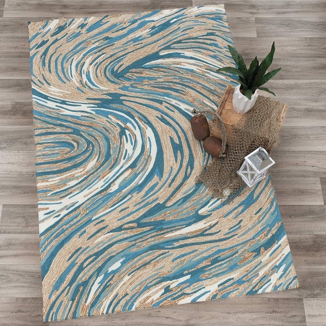 Area Rug: Abstract Ocean Swirl, Teal & Beige High Contrast