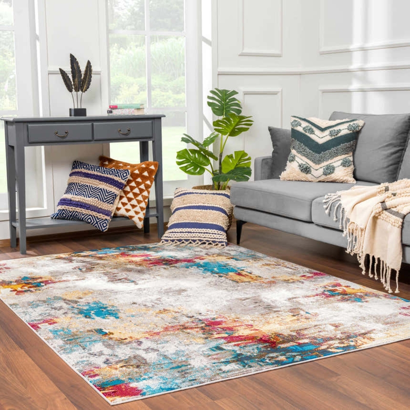 Area Rug Abstract Painterly Pattern Blue & Cream, Watercolor Effect