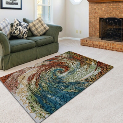 Area Rug Abstract Pattern Caramel Blue Contemporary Low Pile