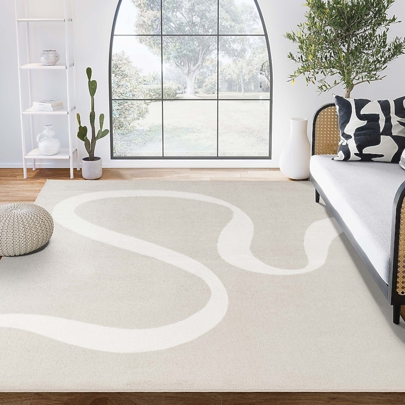 Area Rug: Abstract Ribbon Pattern, Beige & Cream, Modern Loomed Design
