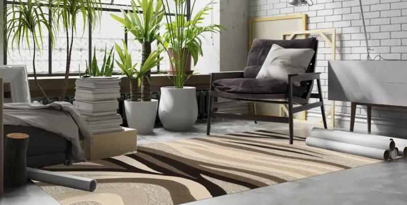 Area Rug: Abstract Ripple Texture Pattern in Neutral Beige, Low Pile