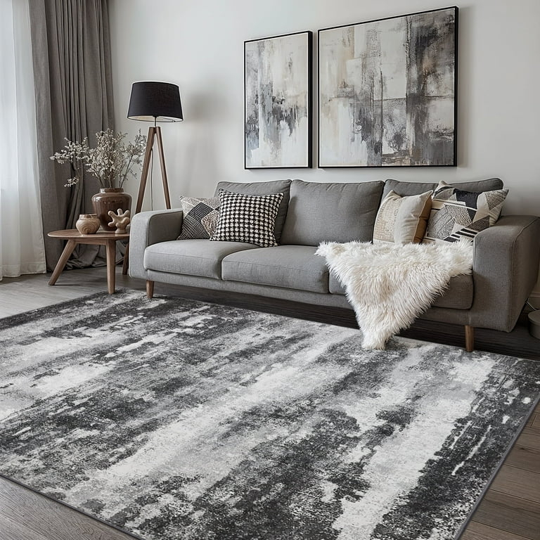 Area Rug Abstract Swirl Pattern High Contrast Monochrome Modern Sleek.